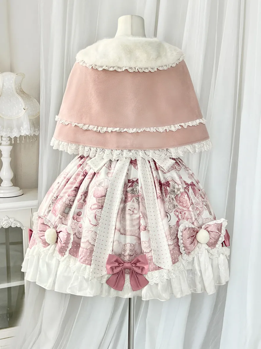 Robes Sweet Lolita robe JSK à imprimé dessin animé et cape rose ensemble deux pièces ensemble jupe pull princesse Kawaii