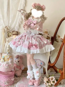 Robes Sweet Lolita robe JSK à imprimé dessin animé et cape rose ensemble deux pièces ensemble jupe pull princesse Kawaii