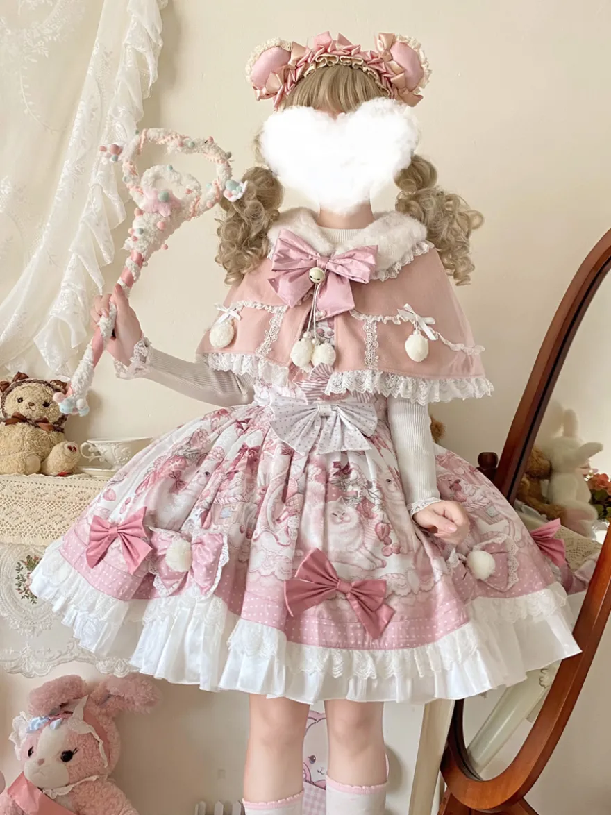 Robes Sweet Lolita robe JSK à imprimé dessin animé et cape rose ensemble deux pièces ensemble jupe pull princesse Kawaii