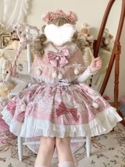 Robes Sweet Lolita robe JSK à imprimé dessin animé et cape rose ensemble deux pièces ensemble jupe pull princesse Kawaii