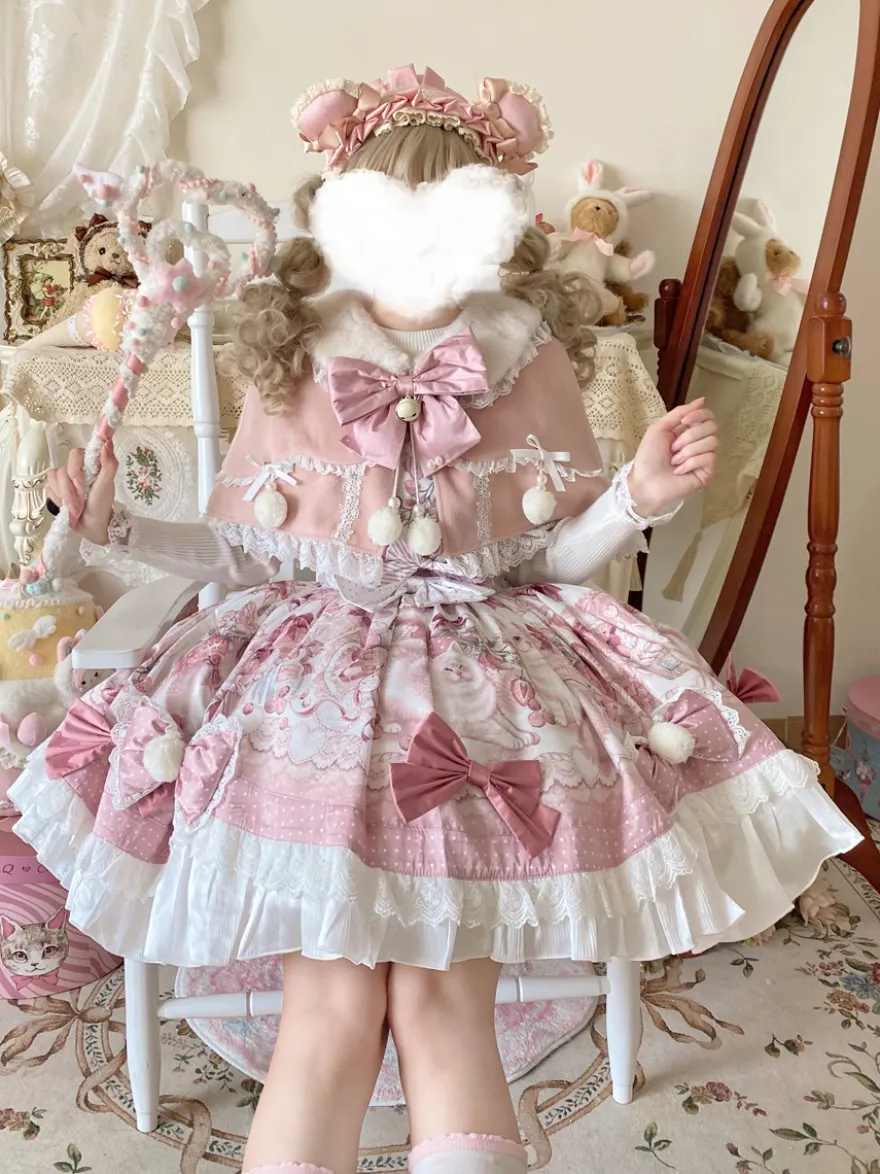 Robes Sweet Lolita robe JSK à imprimé dessin animé et cape rose ensemble deux pièces ensemble jupe pull princesse Kawaii