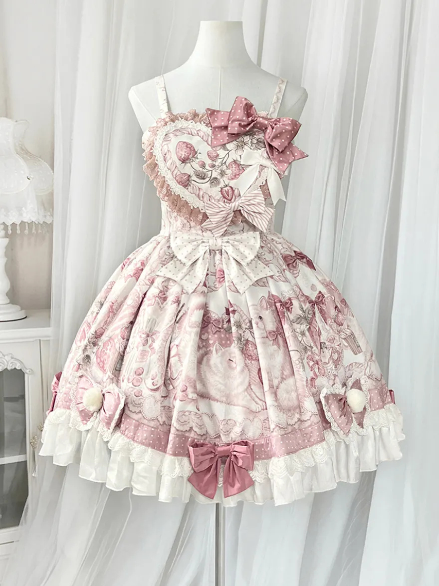 Robes Sweet Lolita robe JSK à imprimé dessin animé et cape rose ensemble deux pièces ensemble jupe pull princesse Kawaii