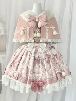Robes Sweet Lolita robe JSK à imprimé dessin animé et cape rose ensemble deux pièces ensemble jupe pull princesse Kawaii