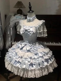 Robe Sweet Ballet Hime Lolita à volants robe Lolita bleue Cake avec traîne