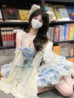 Robe Sweet Ballet Lolita rose à manches amovibles et lacets avec ras-de-cou