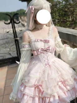 Robe Sweet Ballet Lolita rose à manches amovibles et lacets avec ras-de-cou