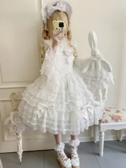Robe Sweet Lolita blanche sans manches en dentelle à volants JSK Hime Lolita