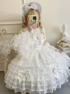 Robe Sweet Lolita blanche sans manches en dentelle à volants JSK Hime Lolita