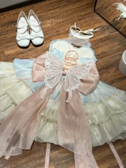 Robe Sweet Lolita bleu ciel clair sans manches robe de soirée thé avec nœuds et traîne polyester mode kawaii