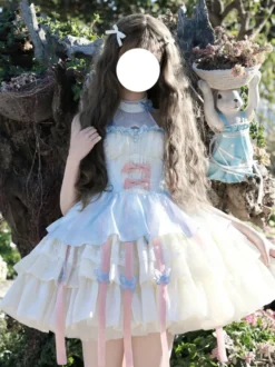 Robe Sweet Lolita bleu ciel clair sans manches robe de soirée thé avec nœuds et traîne polyester mode kawaii