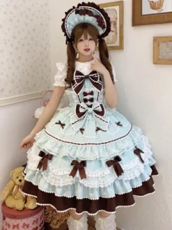 Robe Sweet Lolita bleu clair JSK à nœuds robe courte Lolita