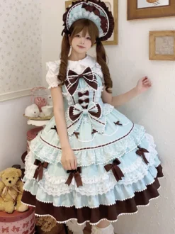 Robe Sweet Lolita bleu clair JSK à nœuds robe courte Lolita