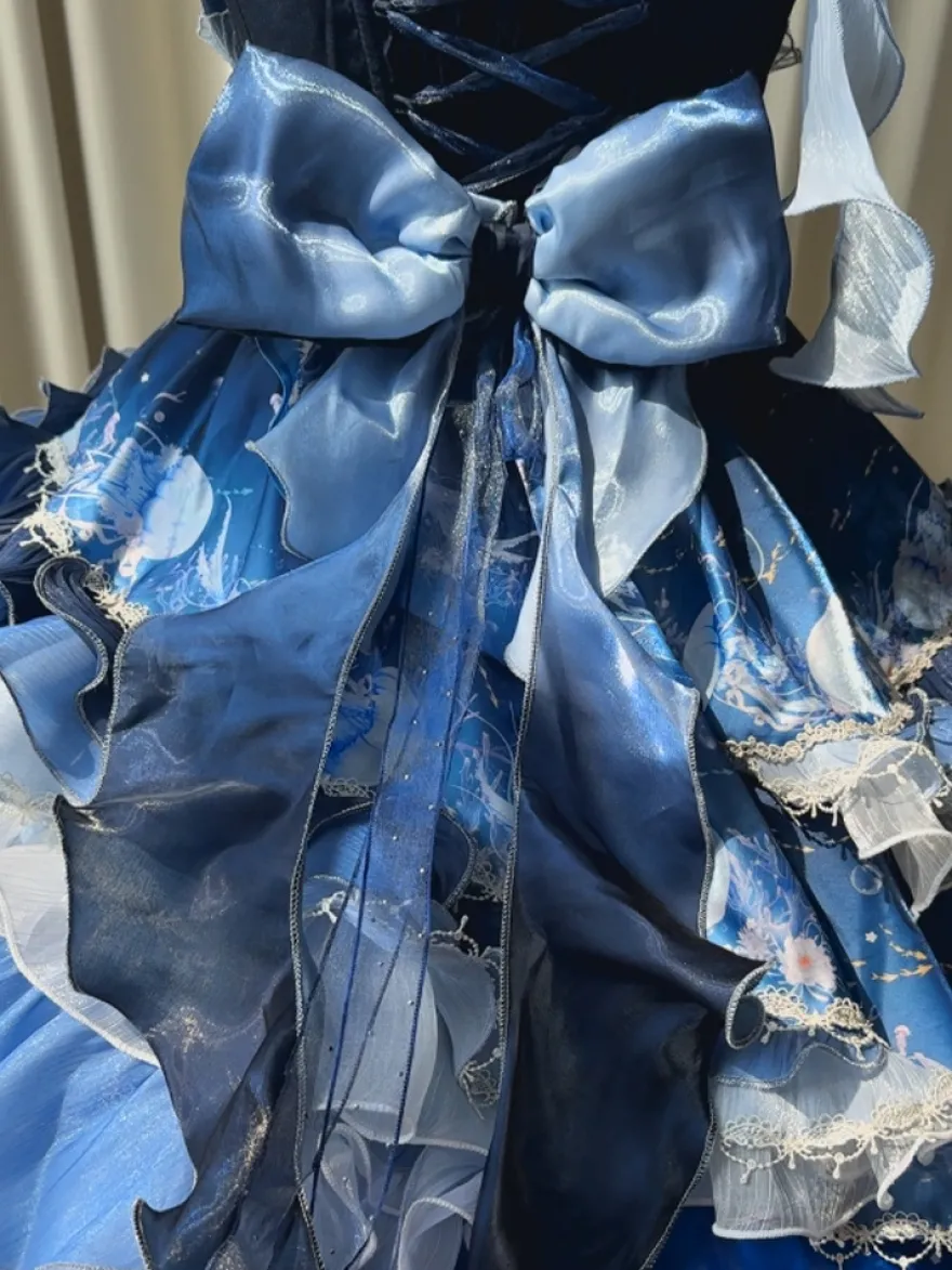 Robe Sweet Lolita bleu foncé sans manches style Tea Party imprimé floral jupe en organza avec détails en dentelle mode Kawaii