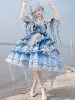 Robe Sweet Lolita bleu foncé sans manches style Tea Party imprimé floral jupe en organza avec détails en dentelle mode Kawaii