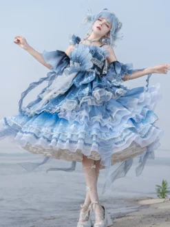 Robe Sweet Lolita bleu foncé sans manches style Tea Party imprimé floral jupe en organza avec détails en dentelle mode Kawaii