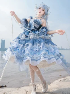 Robe Sweet Lolita bleu foncé sans manches style Tea Party imprimé floral jupe en organza avec détails en dentelle mode Kawaii