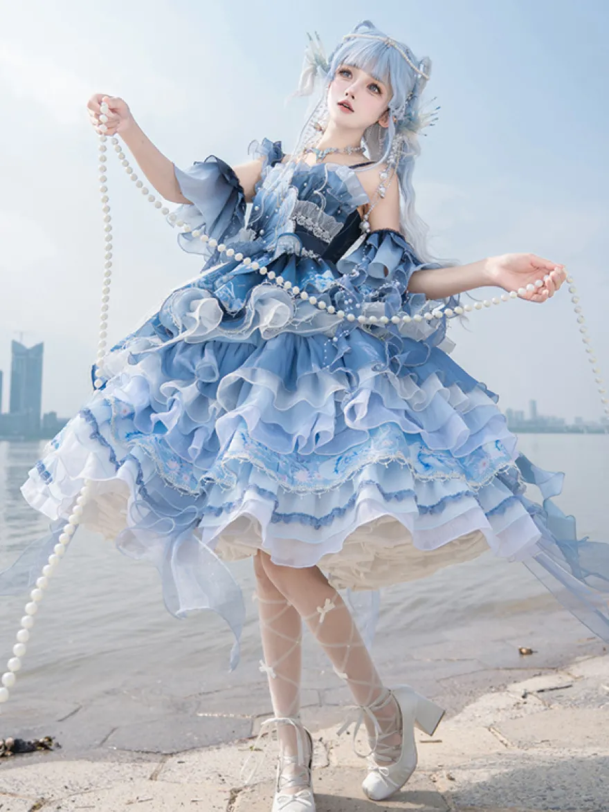 Robe Sweet Lolita bleu foncé sans manches style Tea Party imprimé floral jupe en organza avec détails en dentelle mode Kawaii