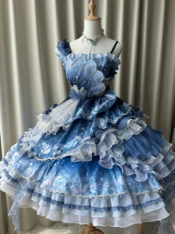 Robe Sweet Lolita bleu foncé sans manches style Tea Party imprimé floral jupe en organza avec détails en dentelle mode Kawaii