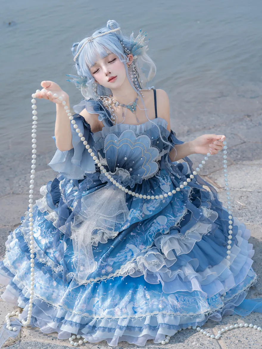 Robe Sweet Lolita bleu foncé sans manches style Tea Party imprimé floral jupe en organza avec détails en dentelle mode Kawaii
