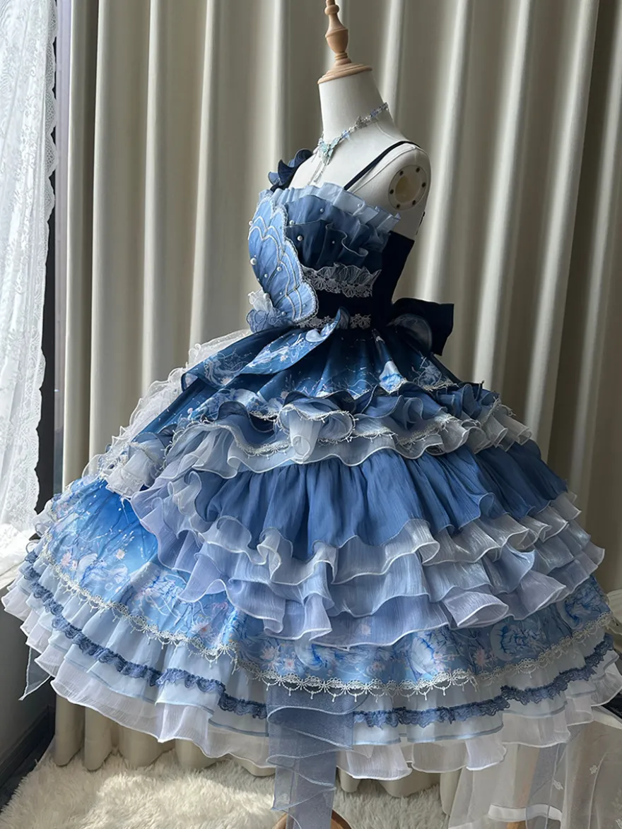 Robe Sweet Lolita bleu foncé sans manches style Tea Party imprimé floral jupe en organza avec détails en dentelle mode Kawaii