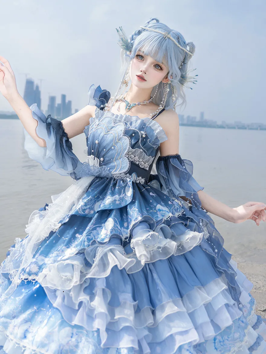 Robe Sweet Lolita bleu foncé sans manches style Tea Party imprimé floral jupe en organza avec détails en dentelle mode Kawaii