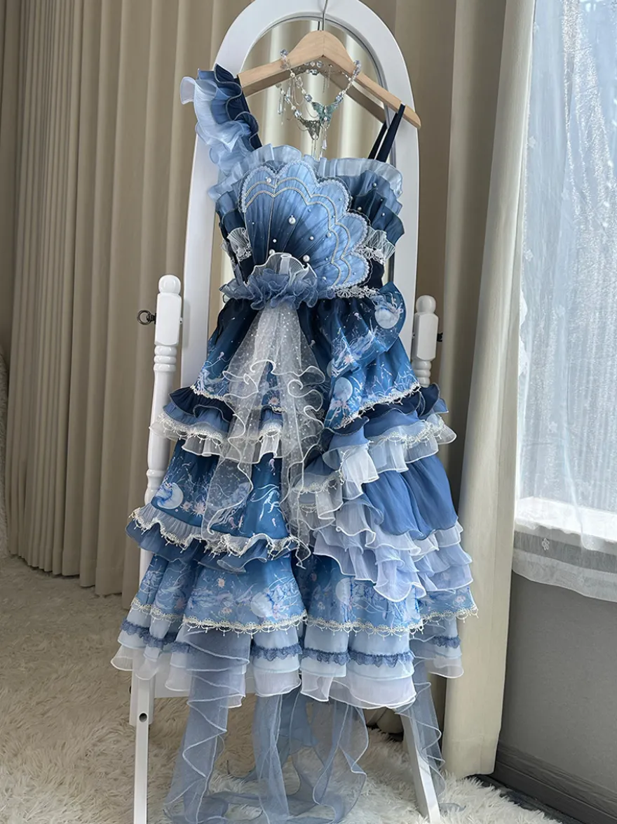 Robe Sweet Lolita bleu foncé sans manches style Tea Party imprimé floral jupe en organza avec détails en dentelle mode Kawaii