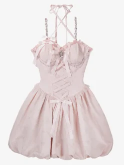 Robe Sweet Lolita en jacquard avec nœuds jupe-salopette rose à manches amovibles silhouette fleurie et traîne.