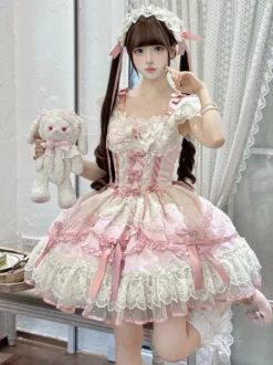 Robe Sweet Lolita en polyester sans manches avec nœuds et jupe pull rose