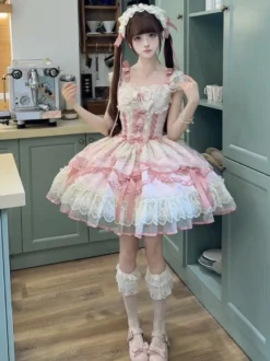 Robe Sweet Lolita en polyester sans manches avec nœuds et jupe pull rose