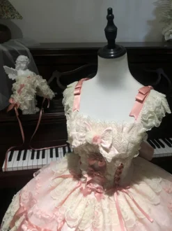 Robe Sweet Lolita en polyester sans manches avec nœuds et jupe pull rose