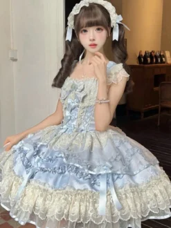 Robe Sweet Lolita en polyester sans manches avec nœuds et jupe pull rose