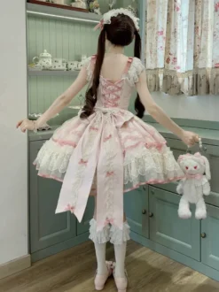 Robe Sweet Lolita en polyester sans manches avec nœuds et jupe pull rose
