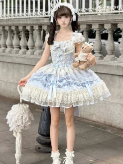 Robe Sweet Lolita en polyester sans manches avec nœuds et jupe pull rose