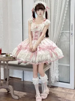 Robe Sweet Lolita en polyester sans manches avec nœuds et jupe pull rose