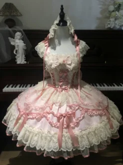 Robe Sweet Lolita en polyester sans manches avec nœuds et jupe pull rose