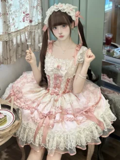 Robe Sweet Lolita en polyester sans manches avec nœuds et jupe pull rose