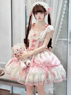 Robe Sweet Lolita en polyester sans manches avec nœuds et jupe pull rose
