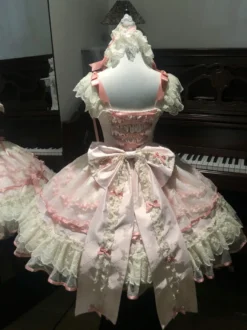 Robe Sweet Lolita en polyester sans manches avec nœuds et jupe pull rose