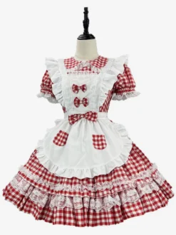 Robe Sweet Lolita en polyester manches courtes tablier en dentelle robe Sweet Lolita rouge