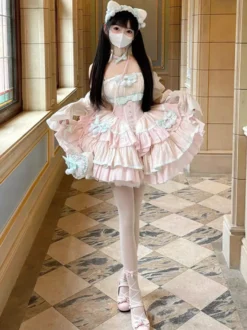 Robe Sweet Lolita en polyester sans manches volants multicouches nœud papillon Sweet Ballet Lolita JSK