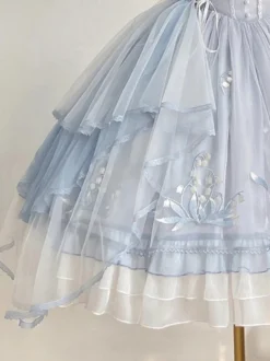 Robe Sweet Lolita JSK bleu ciel clair à volants nœuds et broderies sans manches