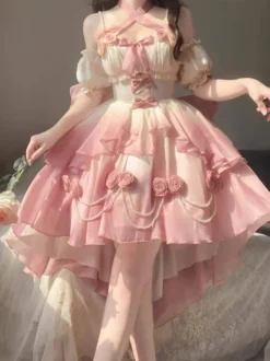 Robe Sweet Lolita JSK à fleurs et nœuds col halter ourlet découpé sur le devant et traîne