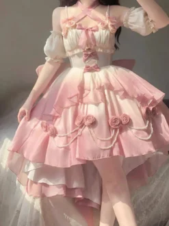 Robe Sweet Lolita JSK à fleurs et nœuds col halter ourlet découpé sur le devant et traîne