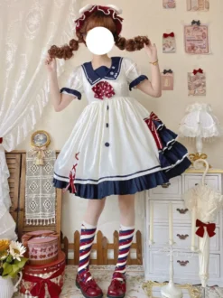 Robe Sweet Lolita Robe à manches courtes en polyester Robe Lolita style marine