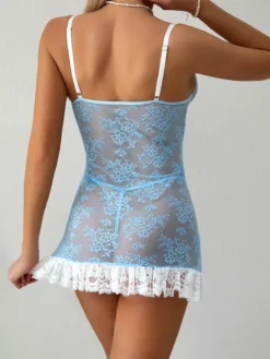 Robe transparente en dentelle bleu ciel clair à imprimé floral Babydolls Lingerie