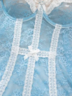 Robe transparente en dentelle bleu ciel clair à imprimé floral Babydolls Lingerie