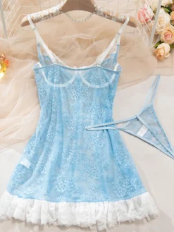 Robe transparente en dentelle bleu ciel clair à imprimé floral Babydolls Lingerie