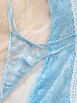 Robe transparente en dentelle bleu ciel clair à imprimé floral Babydolls Lingerie