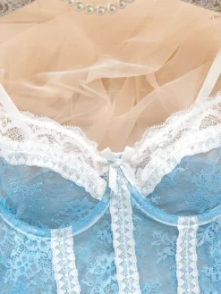 Robe transparente en dentelle bleu ciel clair à imprimé floral Babydolls Lingerie