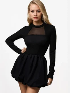Robe trapèze avec ourlet à bulles col montant manches longues transparente robe courte de fête d'anniversaire pour femmes 2026